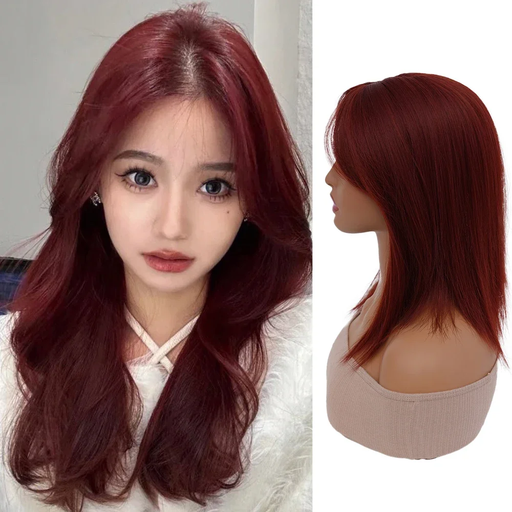 Top hair piece burgundy synthetic heat-resistant for sparse hair seamless bangs Wigs