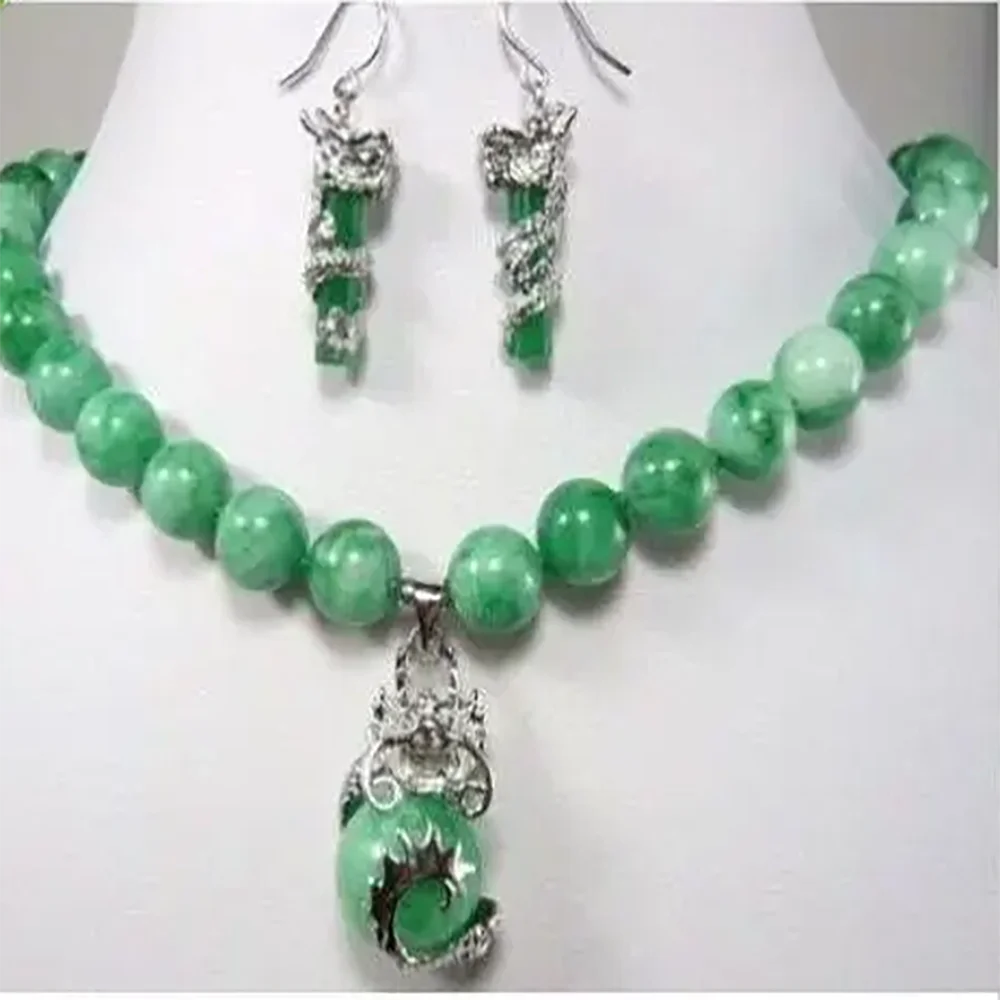 beautiful color green stone dragon pendant necklace earring