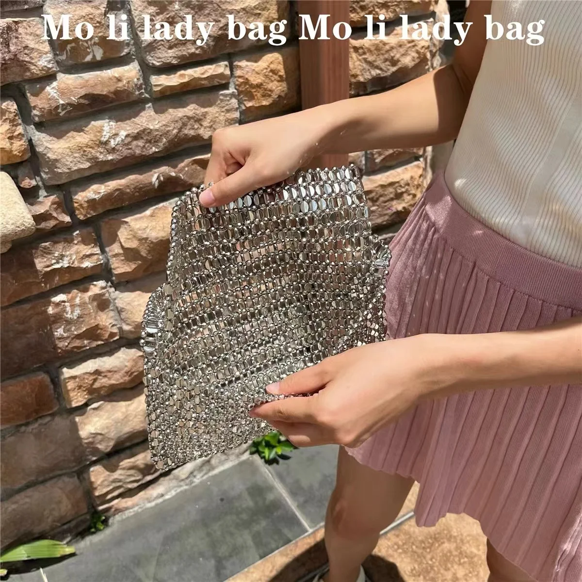 Glitter Shiny Silver Beads Beading Woven Handmade Square Bag Hollow Out Women Fashion Handbag Shoulder Bag Female Casual Bag