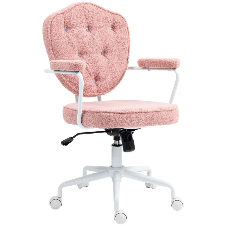 HOMCOM Cute Home Office Chair Computer Desk Chair with Button Tufted Teddy Bear Fleece Swivel Vanity Chair Pink