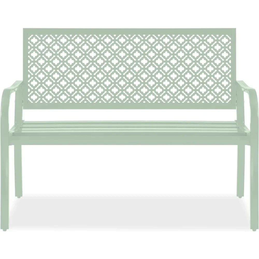 Outdoor Bench 2-Person Metal Steel Benches Furniture for Garden, Patio, Porch, Entryway w/Geometric Backres