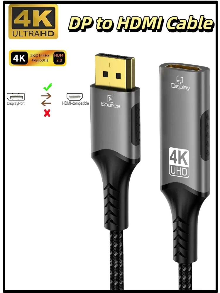 Adapter kabla 4K DP na HDMI, 4K@60Hz, męski na żeński, do laptopa, PC, HDTV, konwerter kabla DisplayPort na HDMI — zdjęcie produktu 7