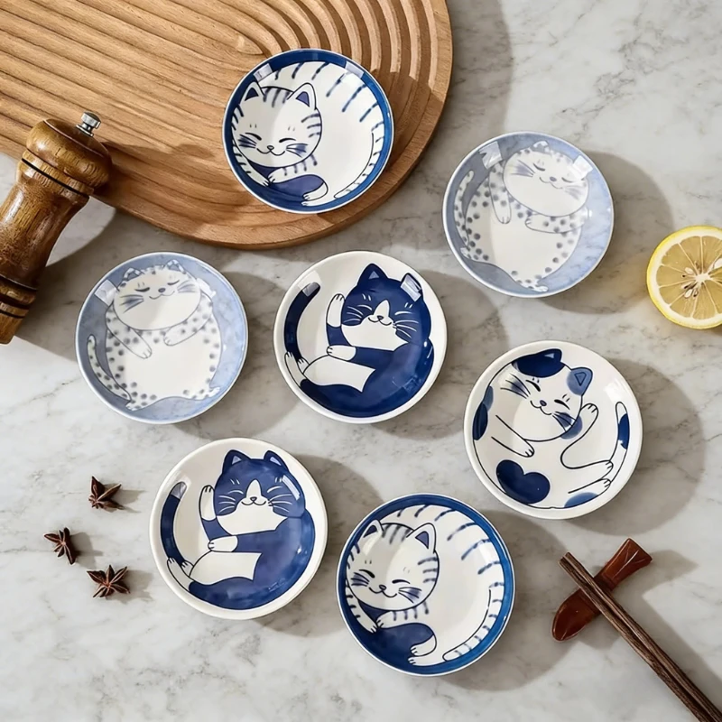 Ceramic Sauce Dish & Sushi Plate, Creative Cute Lucky Cat Pattern Water Drop Shape Tableware for Dessert, Fruit & Sushi