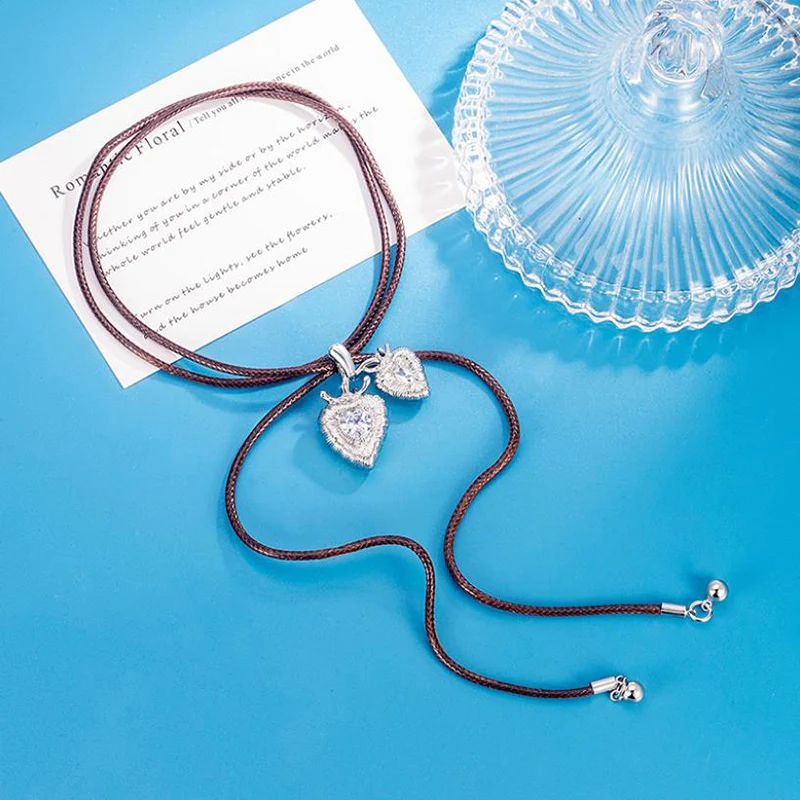 Brown Rope Pull-out Double Heart Zircon Necklace for Women Cool Fashionable Necklaces Sweater Chain KOFSAC