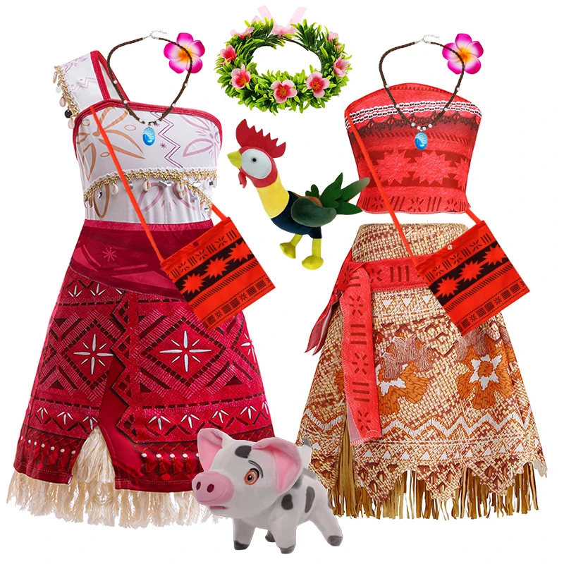 Moana Dress for Kids Girls Cosplay Adventure Costume Children Vaiana Princess Fancy Clothes Carnival Party Necklace Pig Outfits