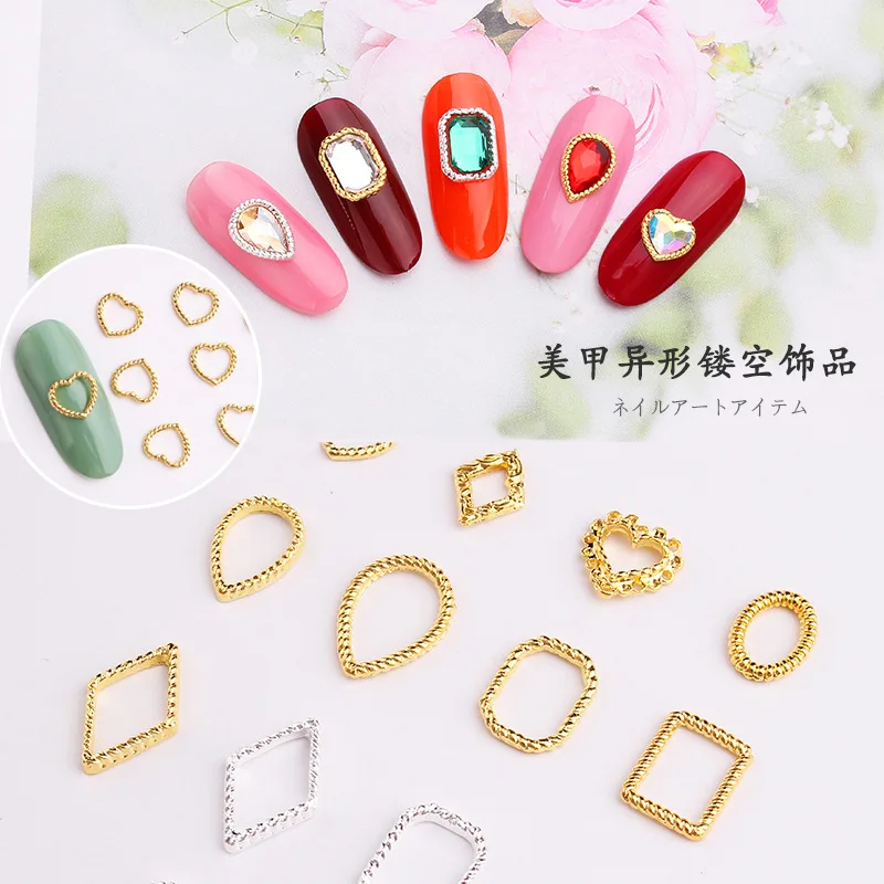 Alloy Jewelry Frame Twist Metal Ring Hollow Rhinestone Nail Charms Heart Shaped Gold Silver 3Dparts Art Decoration Accessories