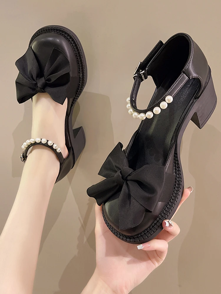 High Heel Sandal for Women Bow Shoes 2025 Summer All-Match Suit Female Beige Mary Jane Med High-heeled Block Comfort Fashion Bla