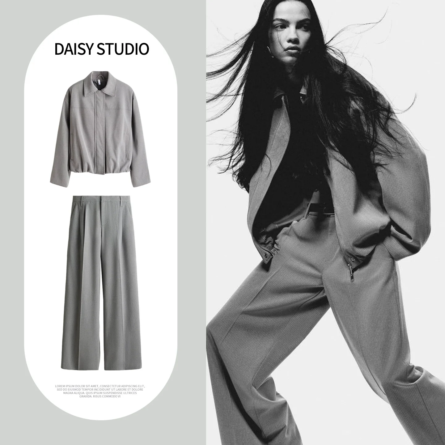 

Casual Sle Pilot Jaet Zipper Long Sve Turn-down Collar Women's Faion Set with Mid-waist Wide-leg Suit Pants Winter Wear