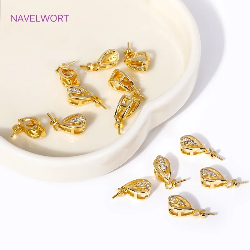 18K Gold Plated Brass Zircon Set Pearl Pendant Mounting Drilled Beads End Caps Pendants Charms Connectors For DIY Jewelry Making