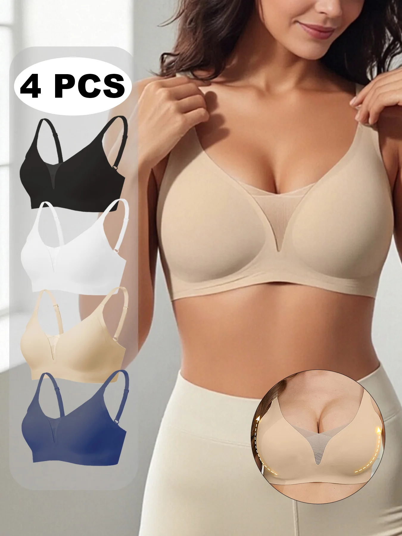 

Комплект женского белья: бюстгальтер и трусики, 3D-поддержка, беспроводной, дышащий, без ощущения душности, не сползающий, глубокий V-образный вырез, сетчатый, сексуальный, высокоэластичный пояс