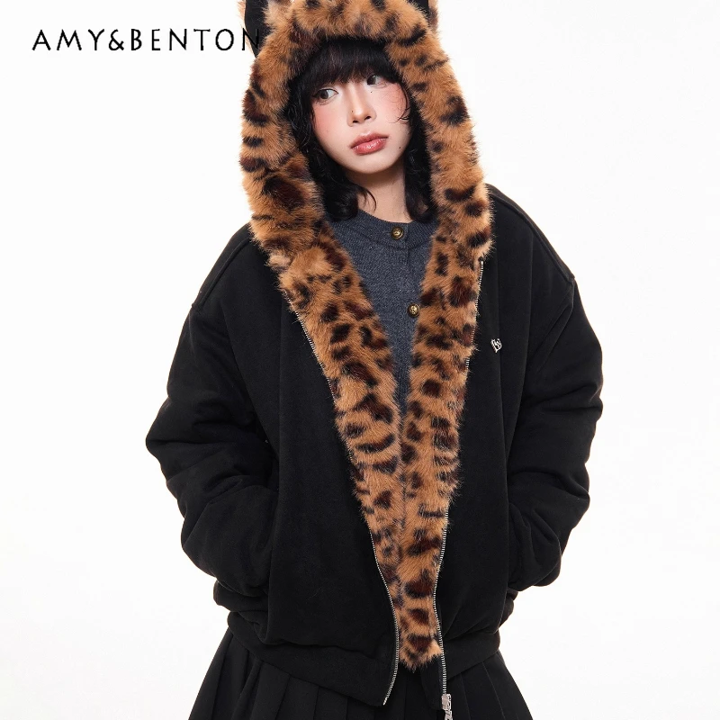 

Женская хлопковая куртка с меховым воротником и леопардовым принтом в американском стиле ретро, новая зимняя свободная утолщенная рабочая одежда для пар, женские куртки