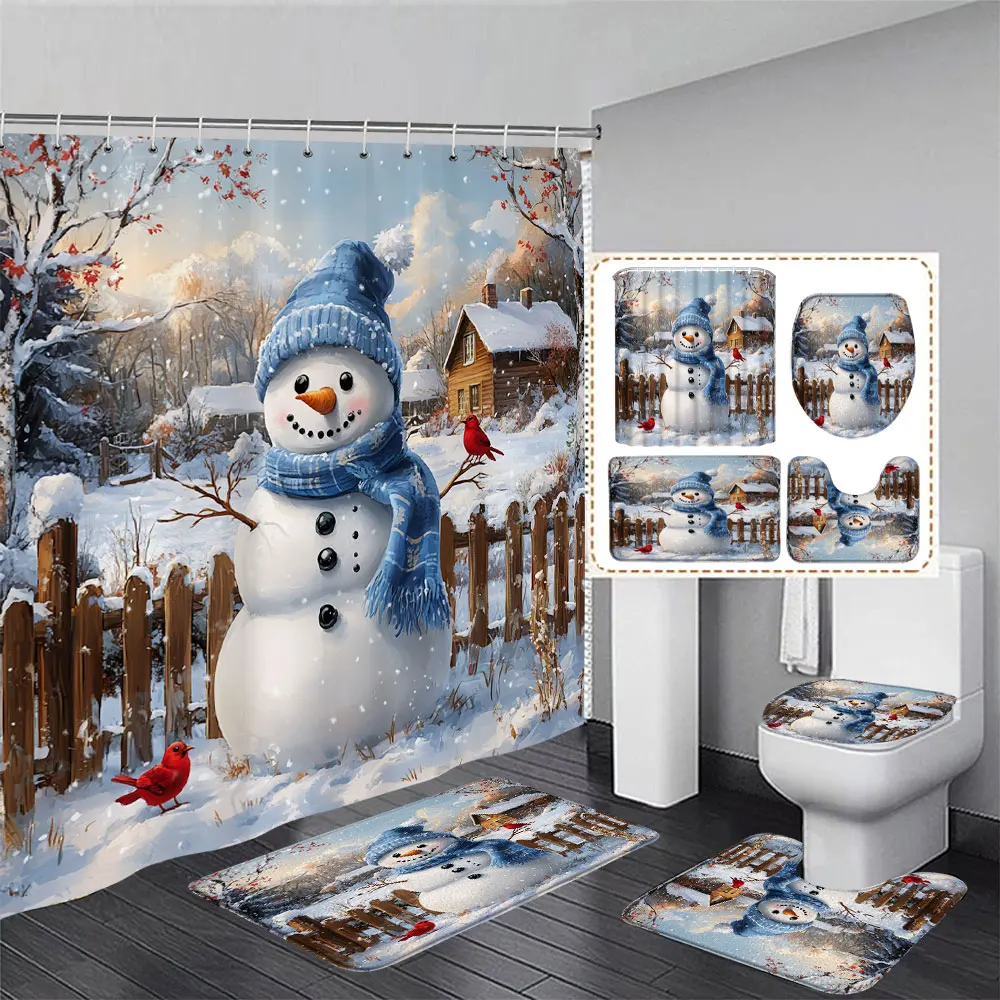 

Рождественская занавеска для душа и коврик в комплекте, снеговик, Санта-Клаус, рождественские подарки, подвесная занавеска, коврик, крышка для унитаза, декор для ванной комнаты