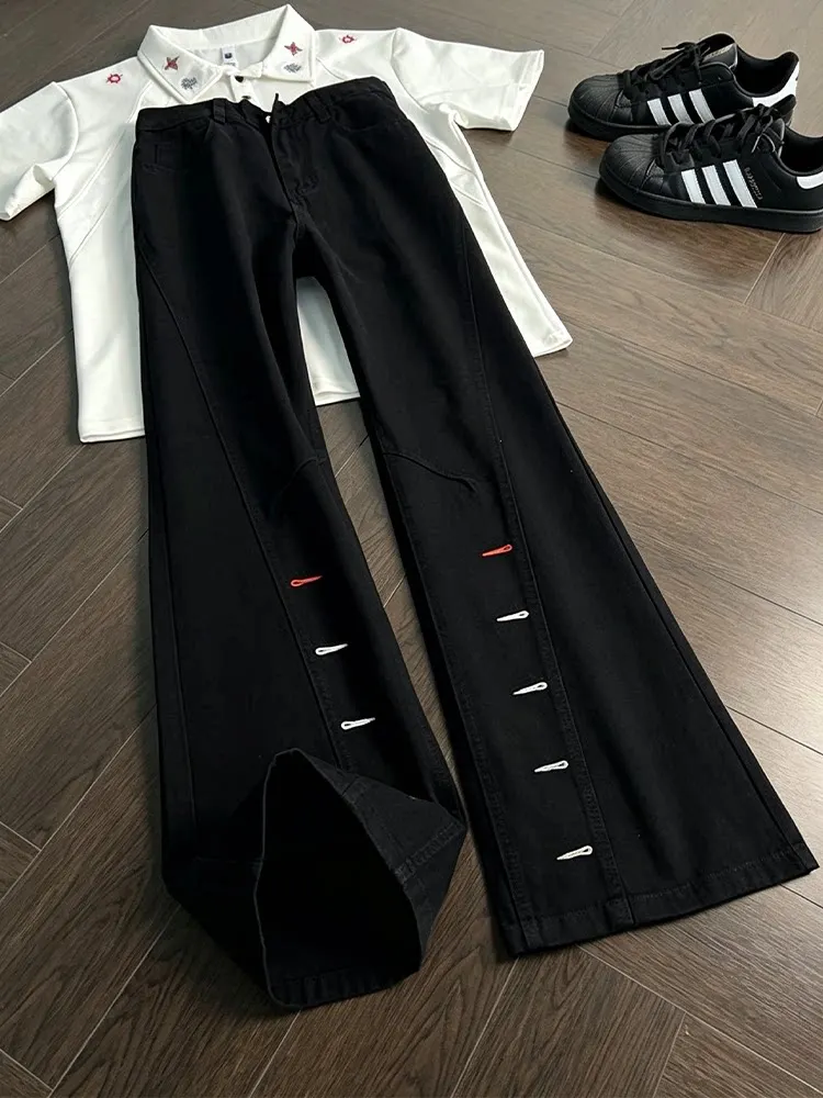 American Style Slant Cut Embroidered Pure Cotton Jeans Men Trendy High Street Design Slimming Knife Straight Leg Jeans