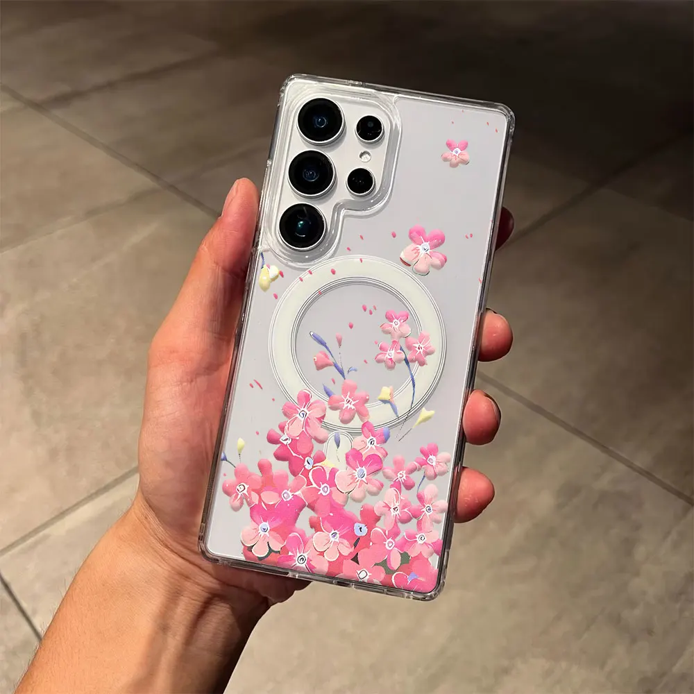 Pink Flower Magnetic Phone Case For Samsung Galaxy S26 S25 S24 S23 S22 S21 Ultra Plus Edge S20 FE Shockproof Magsafe Cover