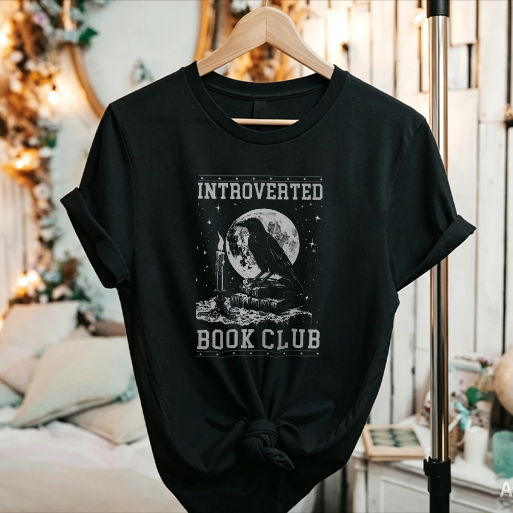 Women Introverted Book Club Raven Moon Vintage Graphic T Shirt Introvert Book Lover Cotton Gothic Crow Reader Bookworm Casual