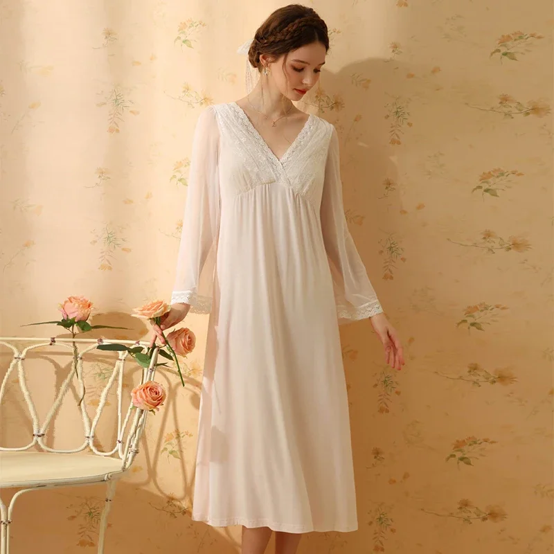 

Women's Nightdress Lace Patchwork Long Sleeve Autumn Ladies Nightgown V Neck Mesh Vintage Princess Night Dress for Female