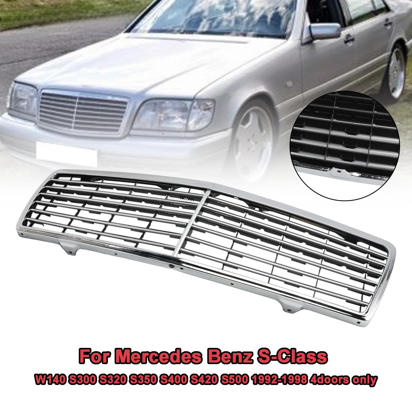 Chrome Front Bumper Grill Grille Fit for Mercedes Benz S-Class W140 1992-1998