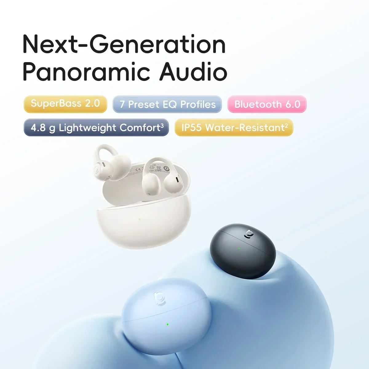 Baseus Bass BC1 Lite Open Ear Earbuds Clip-On Headphones Open-Ring Comfort with 2-Mic Clear Calls, IP55 Waterproof, 45H Playtime
