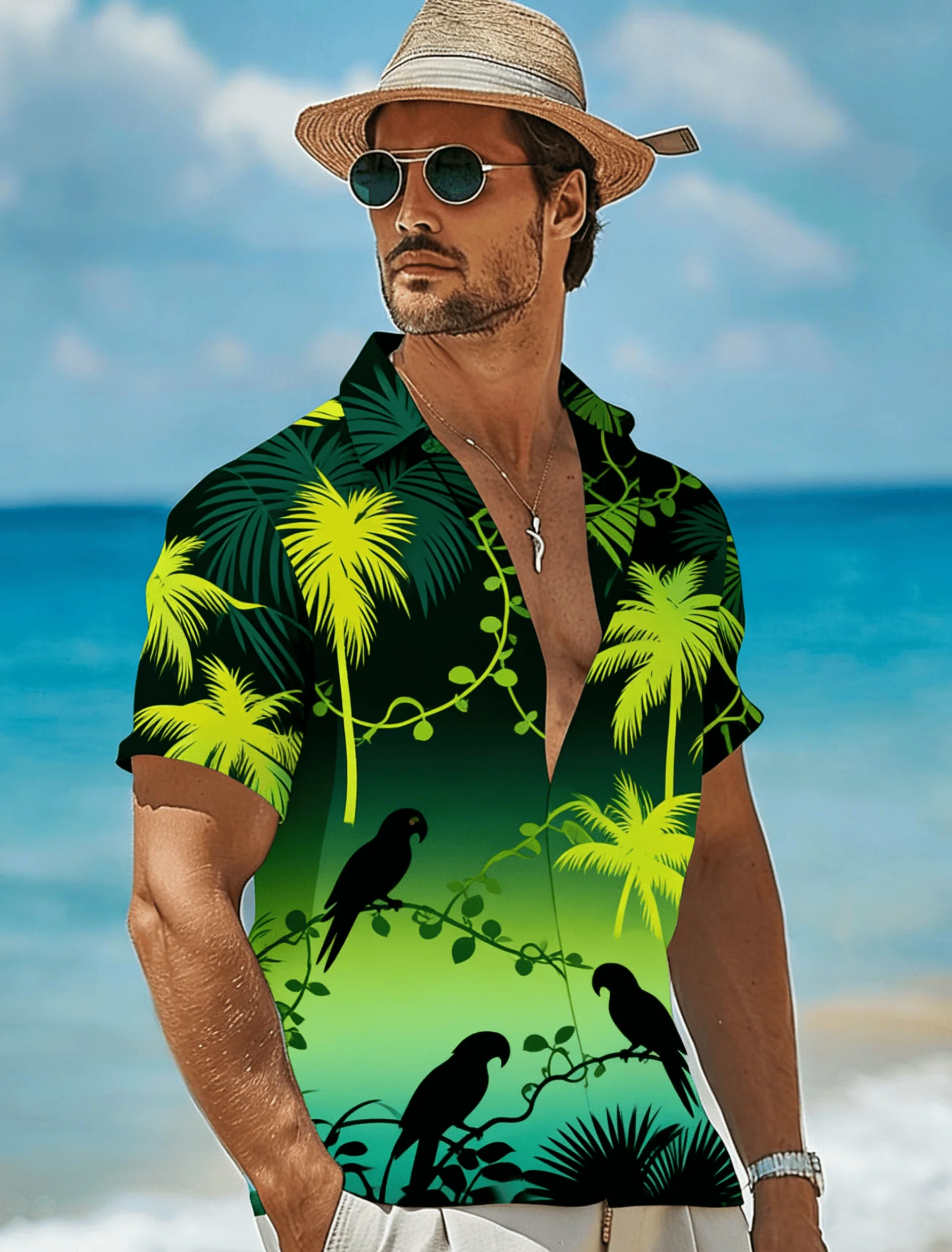 

Men's Tropical Palm Parrot Print Short Sleeve Shirt, Green Gradient Jungle Silhouette Design Button Down for Spring Summe