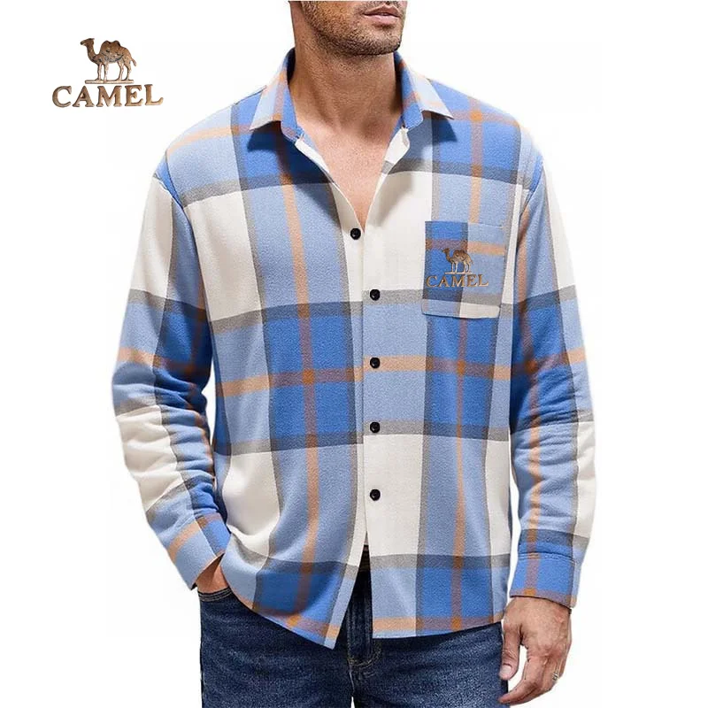 Camel Spring and Autumn Foreign Trade Men's Woolen Checkered Long sleeved Shirt Men's Casual Color blocked Cardigan Shirt Coat