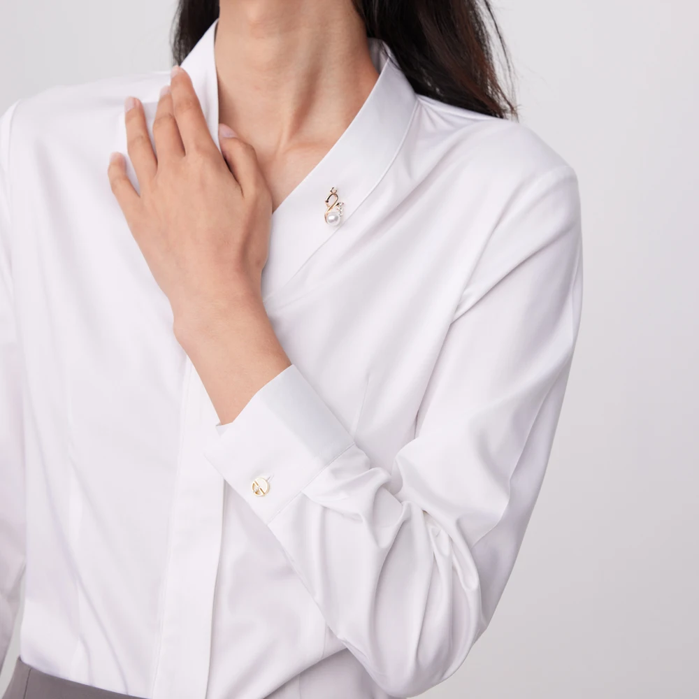 Ladies Office Detachable Brooch V-Neck Dress Shirts Without Pocket Hidden Buttons Placket Long Sleeve Slim-fit Female Shirt