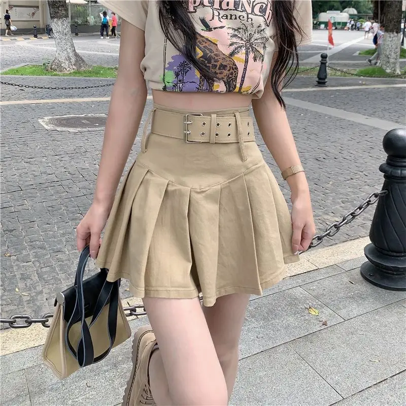 

High Waist Pleated Mini Skirts Spring Summer A-Line Hotsweet Vintage Solid Color Basic Women's Clothing Stylish Sashes Skirts