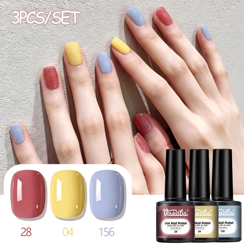 Visuatia 3Pcs Red, Yellow, and Blue Macaron Nail Polish Gel Set Fresh Candy Color Combination Create a Vibrant and Simple Single-Color Nail Art Style