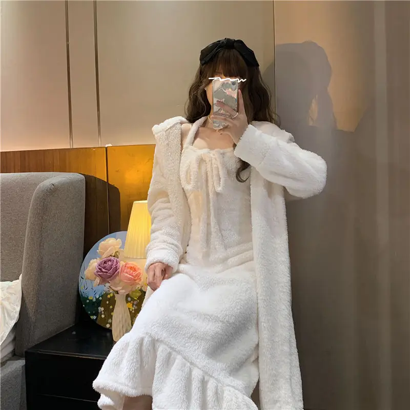 Winter Thicken Robe Sets Women Warm Velvet Lace-up Lovely Leisure Sexy Female Sleepwear Home Lounge All-match Comfortable Ins