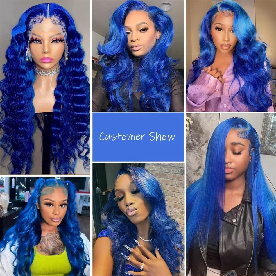 Brazilian Glueless Body Wave Lace Frontal Wig para mulheres, pré arrancadas perucas de cabelo humano, azul escuro, 13x4, transparente, venda