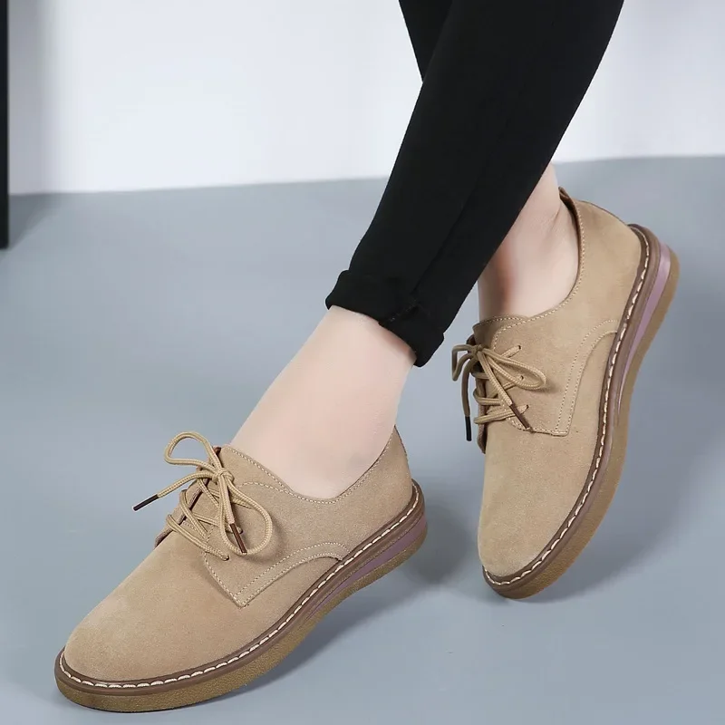 Autumn Winter British Style Suede Leather Shoes for Women Flat Heel Lace Up Casual Shoes Solid Soft Sole Single Shoes Zapatillas