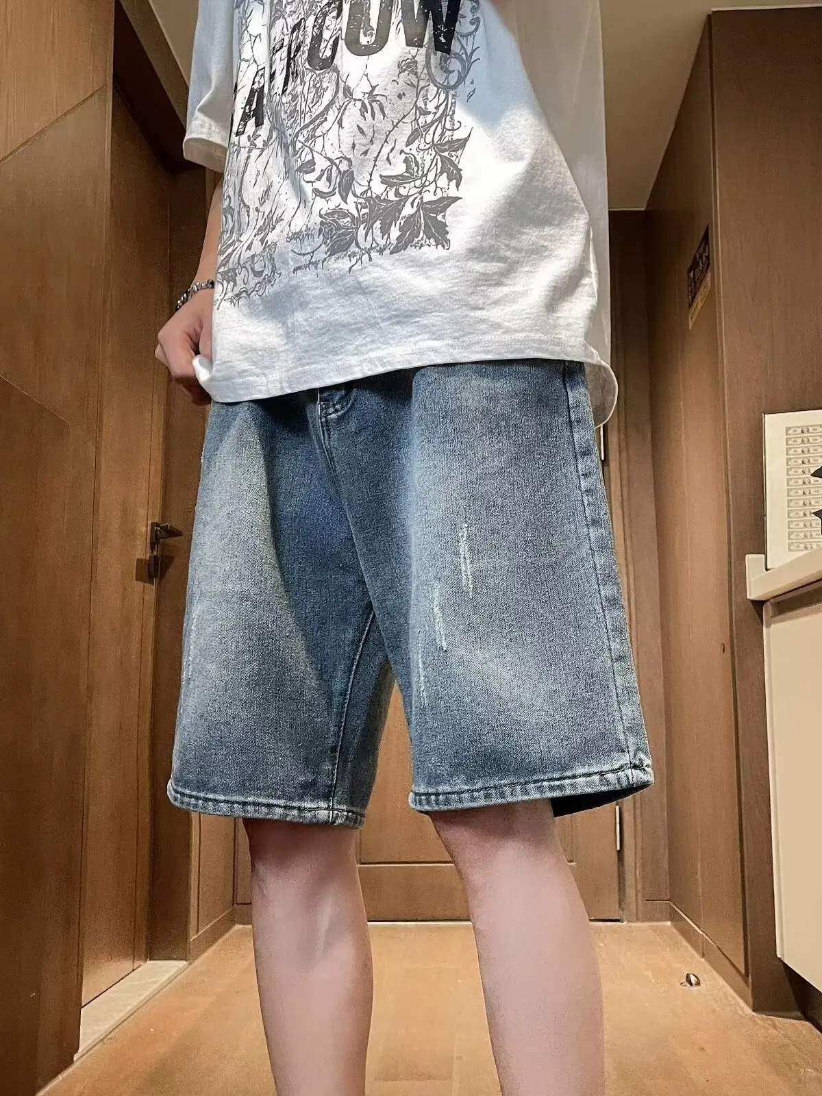 

Летние тонкие мужские джинсовые орты, повседневные свободные джинсы в американском стиле ретро с прямой талией, простые джинсы с пятью точками, повседневные орты средней длины