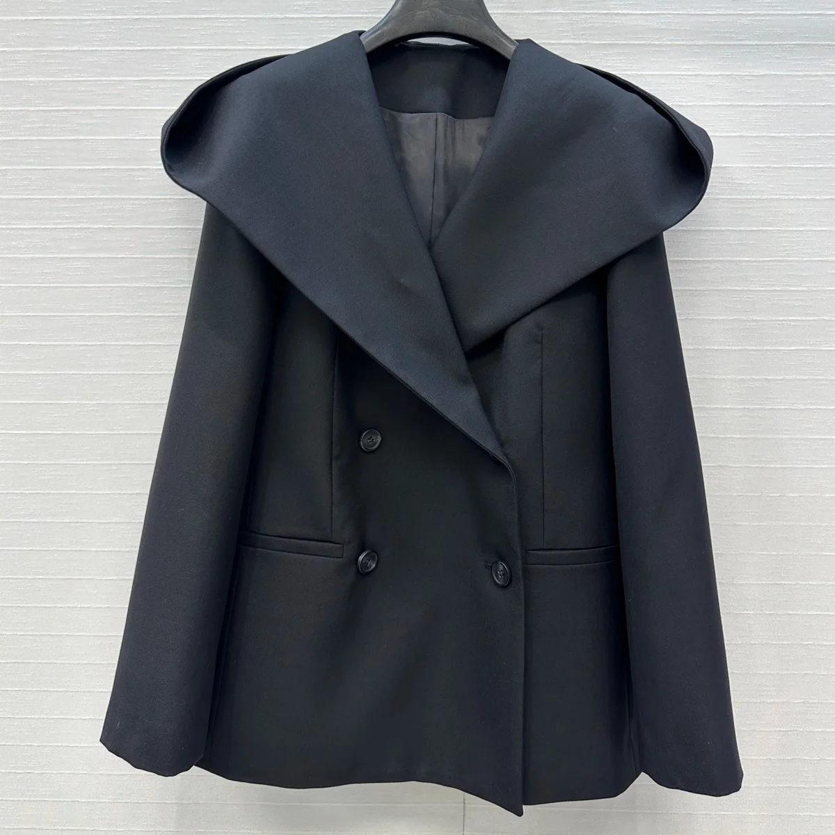 High Quality Women Hooded Double Breasted Blazer, Black Lapel Long Sleeve Suit Jacket