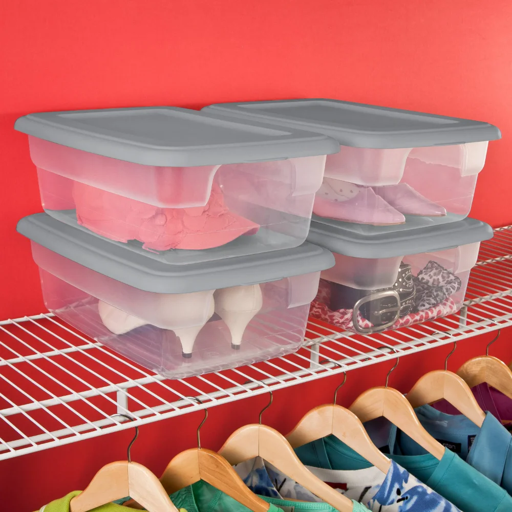 

3 Gallon Plastic Storage Box, Gray and Clear, 16 Count Stackable Bin Basket