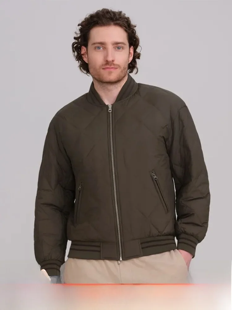 

Men's Baseball Collar Thin down Jaet Diamond Stitching 90 Du down Casual Sle Zipper Closure Long Sve Thiened Winte...