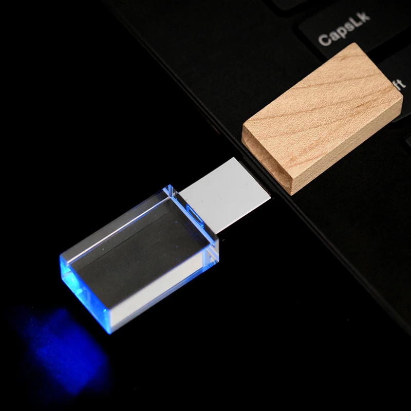 JASTER Colorful LED Crystal 2.0 USB Flash Drives 128GB  Free Custom Logo Wedding Photography Gift Memory Stick with Wooden Hat