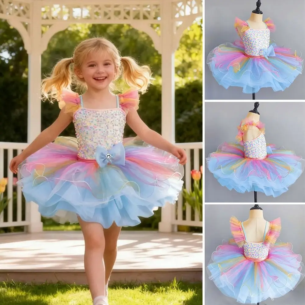 Fashion Sequin Kids Ballet Dress Rainbow Color Professional Performance Clothes Party Dress Puffy Dance Costumes Kids Girls