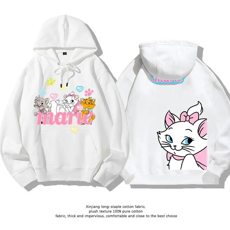 Disney Marie witte hoodie dames kinderen 2025, winterfleece gevoerd grijs roze geel kittens pootafdrukken harten ontwerp grote achterhoofd