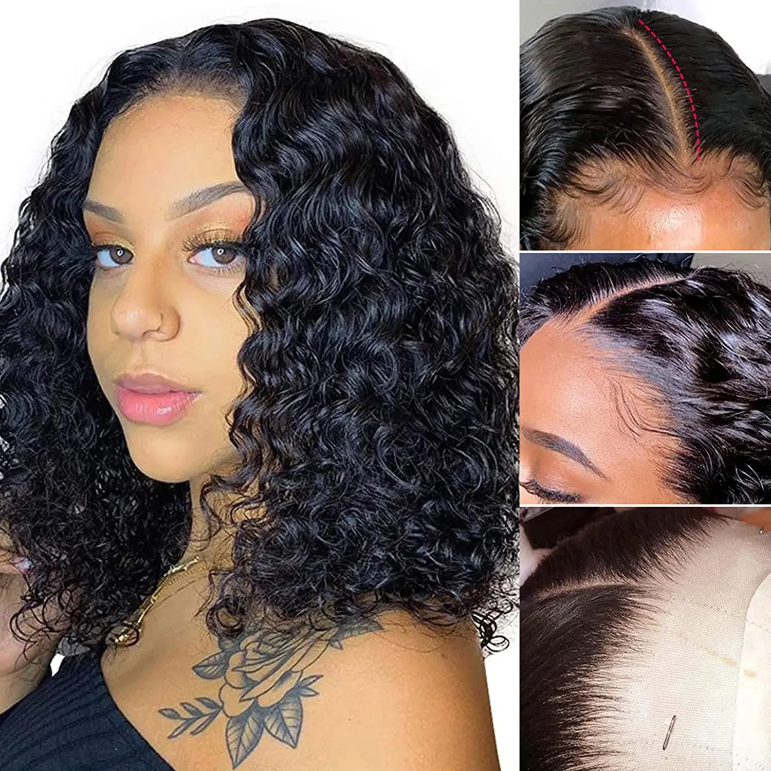 Onda Profunda Brasileira Bob Peruca, Lace Frontal Peruca, Cabelo Humano, Linha Fina Natural, Encerramento Curto Encaracolado, Cabelo do Bebê Pré-arrancado, 13x4