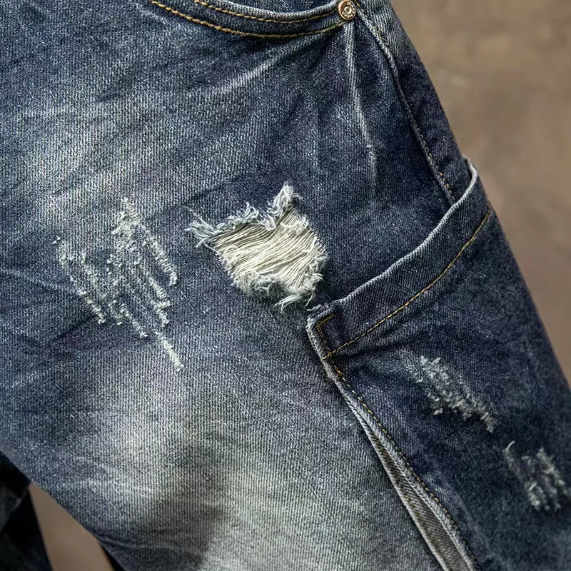 Trendy Men's Ripped Five-Quarter Denim Shorts Summer Multi-Pocket Workwear  Riding Pants Loose Straight Leg Jeans view 4