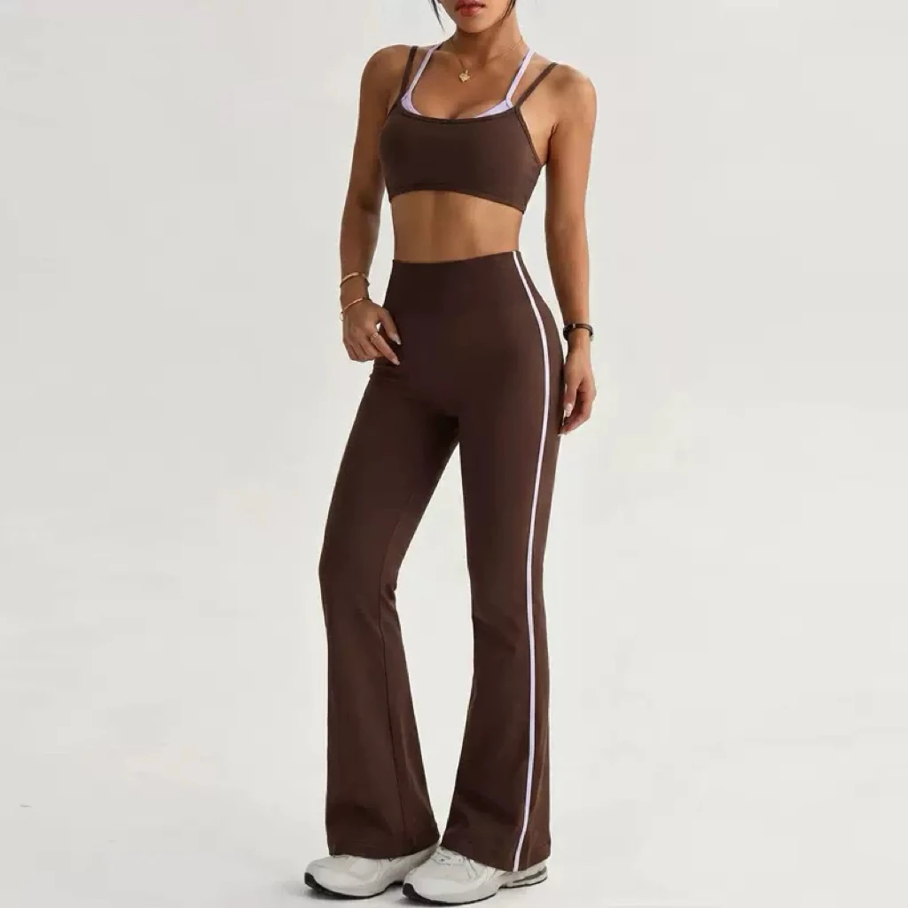 Women Yoga Sets 2 PCS Double Strap Sports Bra High Waist Side Lavender Line Stripe Flared Leggings Workout Gym Fitness Outfit