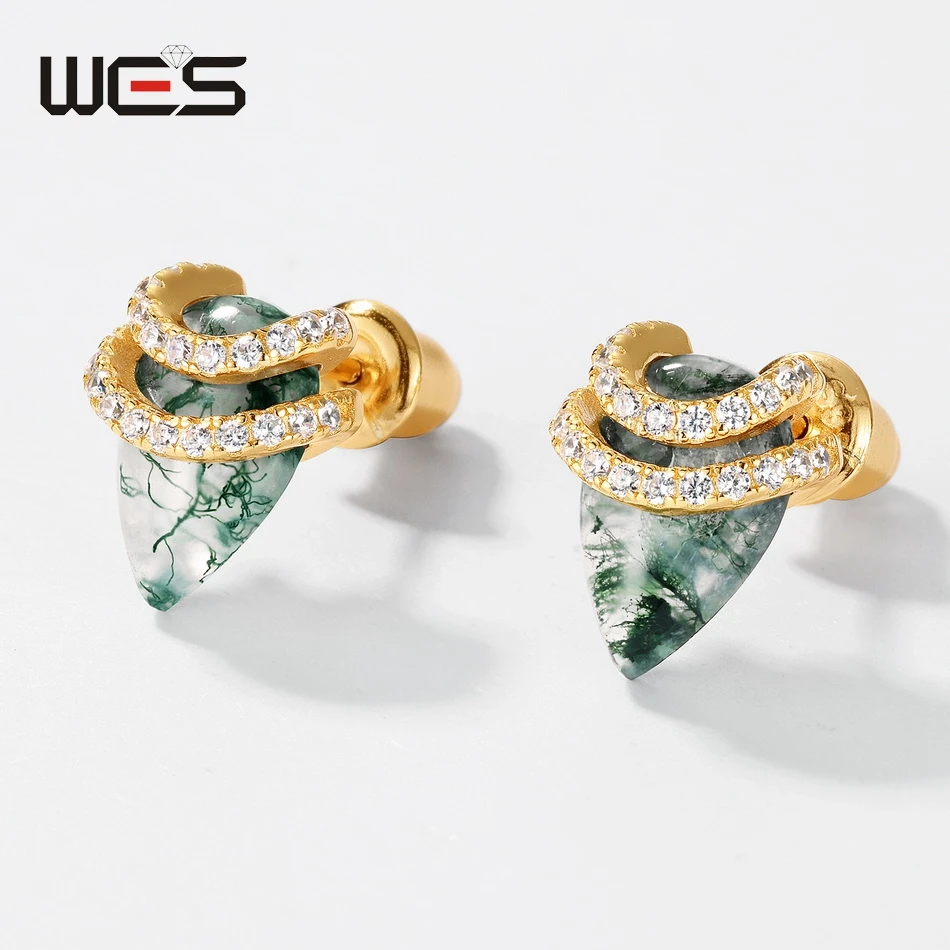 

WES 100% 925 Sterling Silver CZ Unique Natural Moss Agate Stud Earring for Women Engagement Gift Wholesale Jewelry Gold Plated