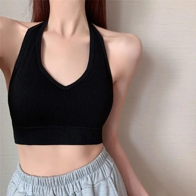 L38E Women Color Crop Top Halter Neck Padded Sports Bras for Workout Sport