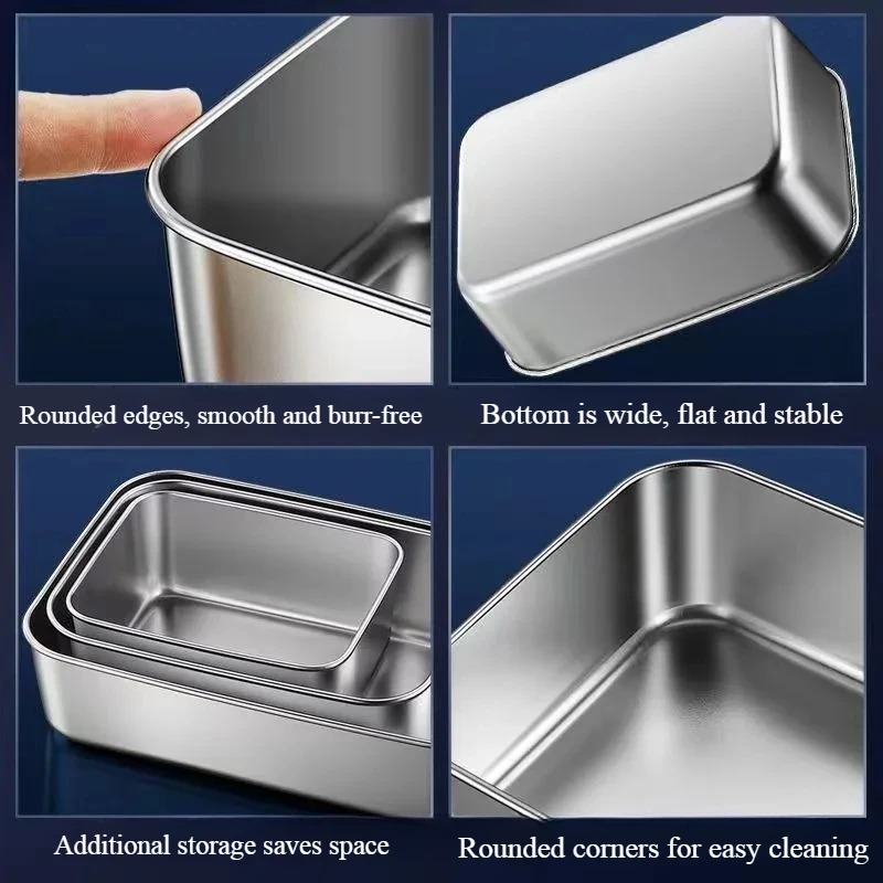 Stainless Steel Food Storage Serving Trays Rectangle Sausage Noodles Fruit Dish with Cover Home Kitchen Organizers FoodContainer