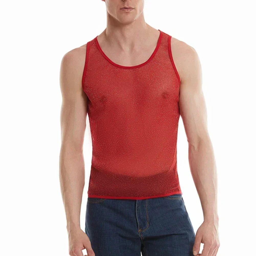 Fashion Man Mesh Transparent Shine Tank Vest For Men T-shirts Fitness Shirt Undershirt Muscle Sleeveless Vest Tanks Clothing