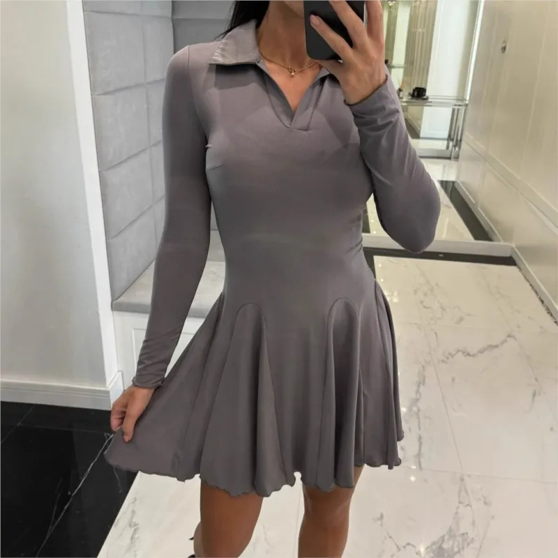 Women\'s Vintage Prom Lapel Pleated Dress Casual High Waist Long Sleeve Pullover New Slim Party Mini Sports Dresses For Women