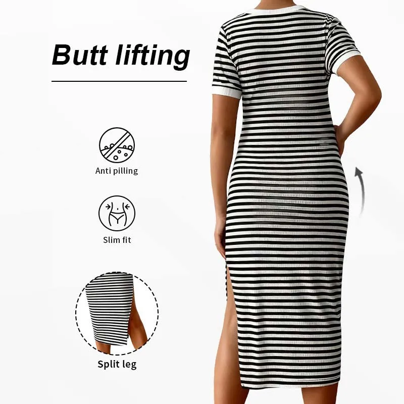 Women Striped Maternity Bodycon Dress Round Neck Side Split Midi Dresses Pregnant Women Casual Pregnancy Daily Wear Outfits