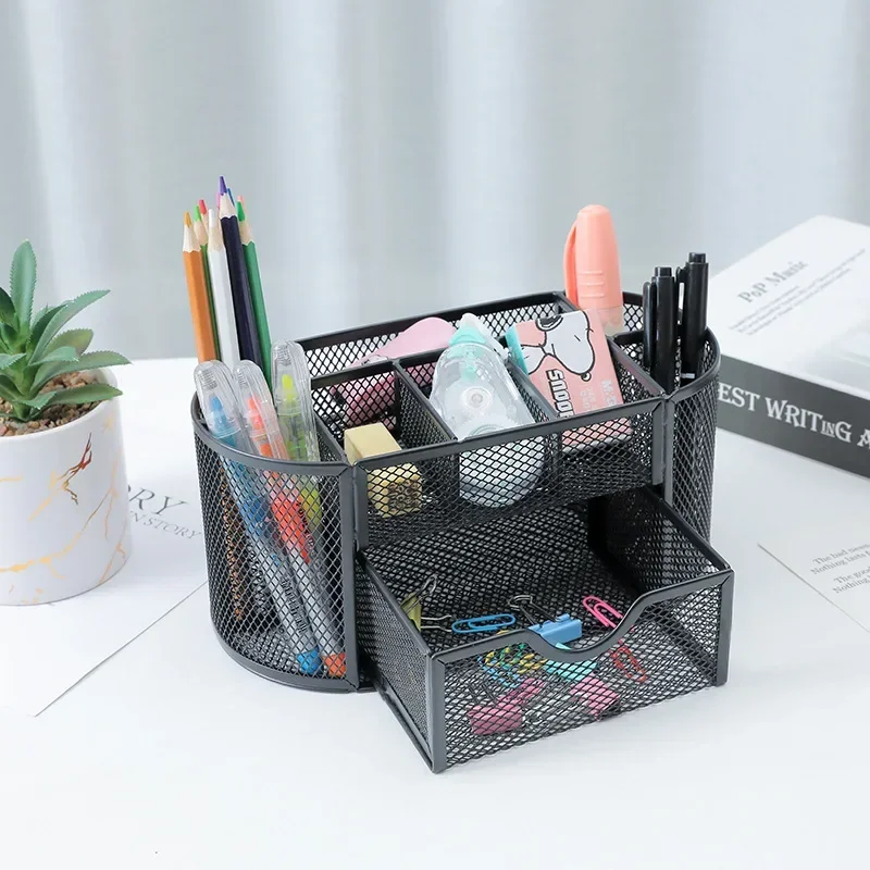 Metal Pen Holder Storage Box, Nine Grid, Large Capacity, Circular Desktop, Light Luxury, Student