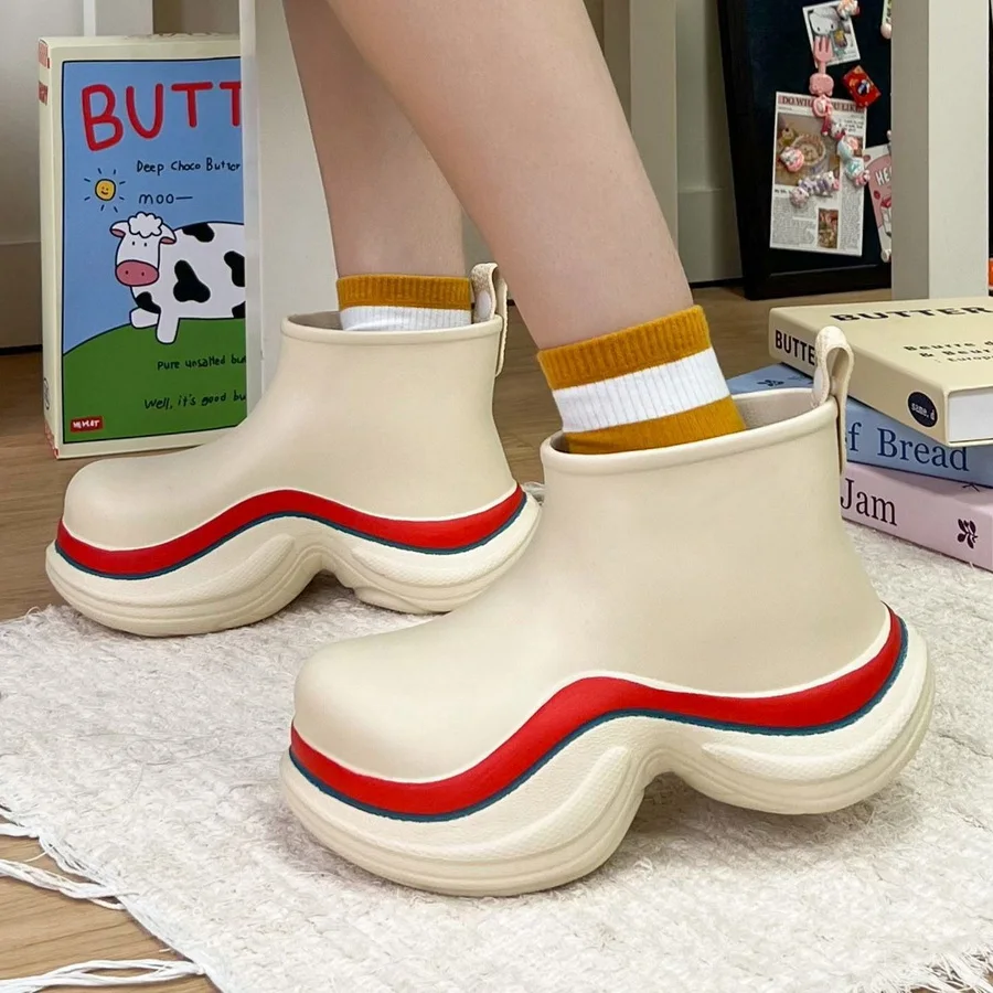 

Fashion Chunky Sole Two-Tone Rain Boots Women's Cute Fat Low Heel Galoshes Ladies Platform Rainshoes Youth Girls Waterproof Shoe