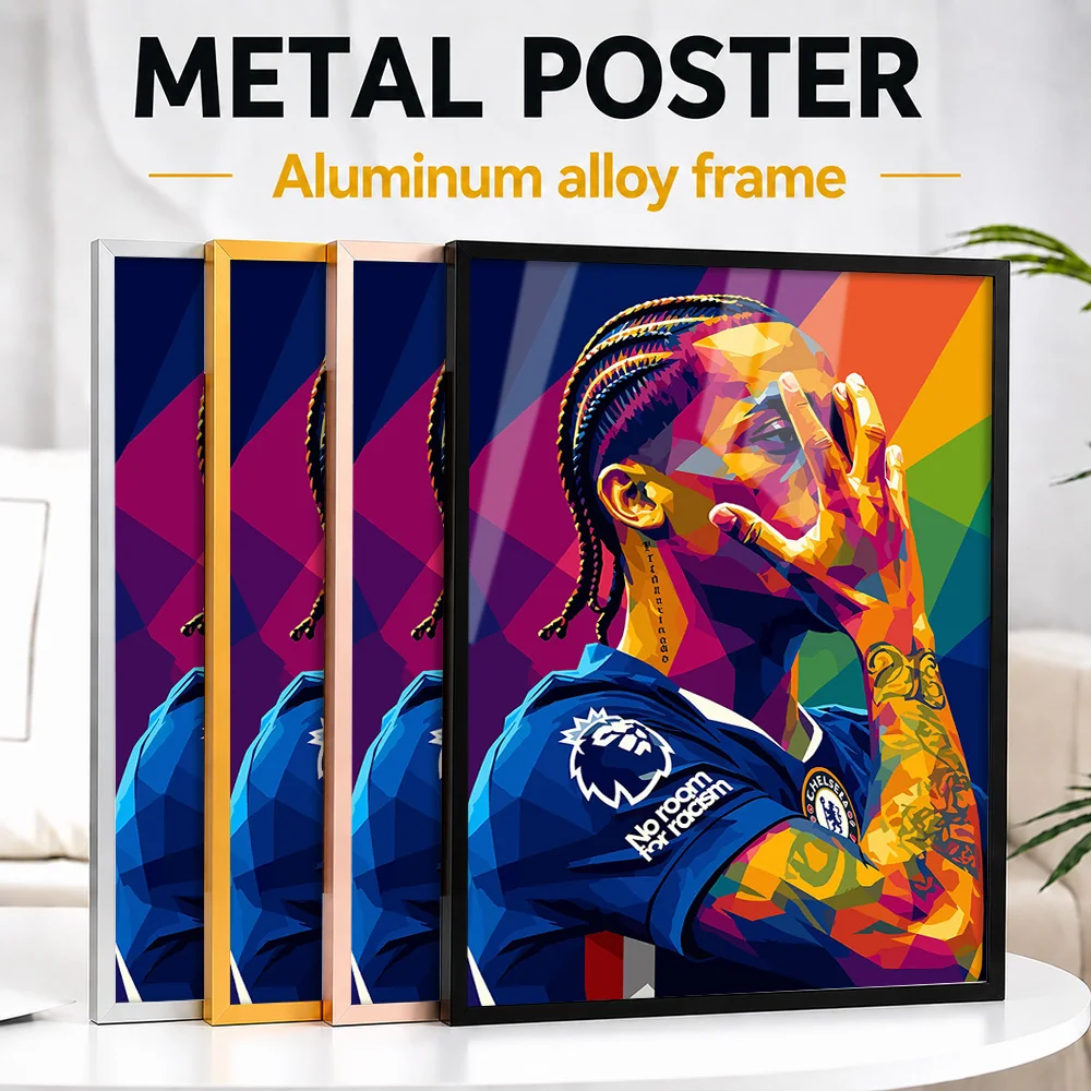Football Player In Pop Color Framed Metal Poster Personalized Photo Dynamic Action Style Wall Art For Study Memorable Fan Gift