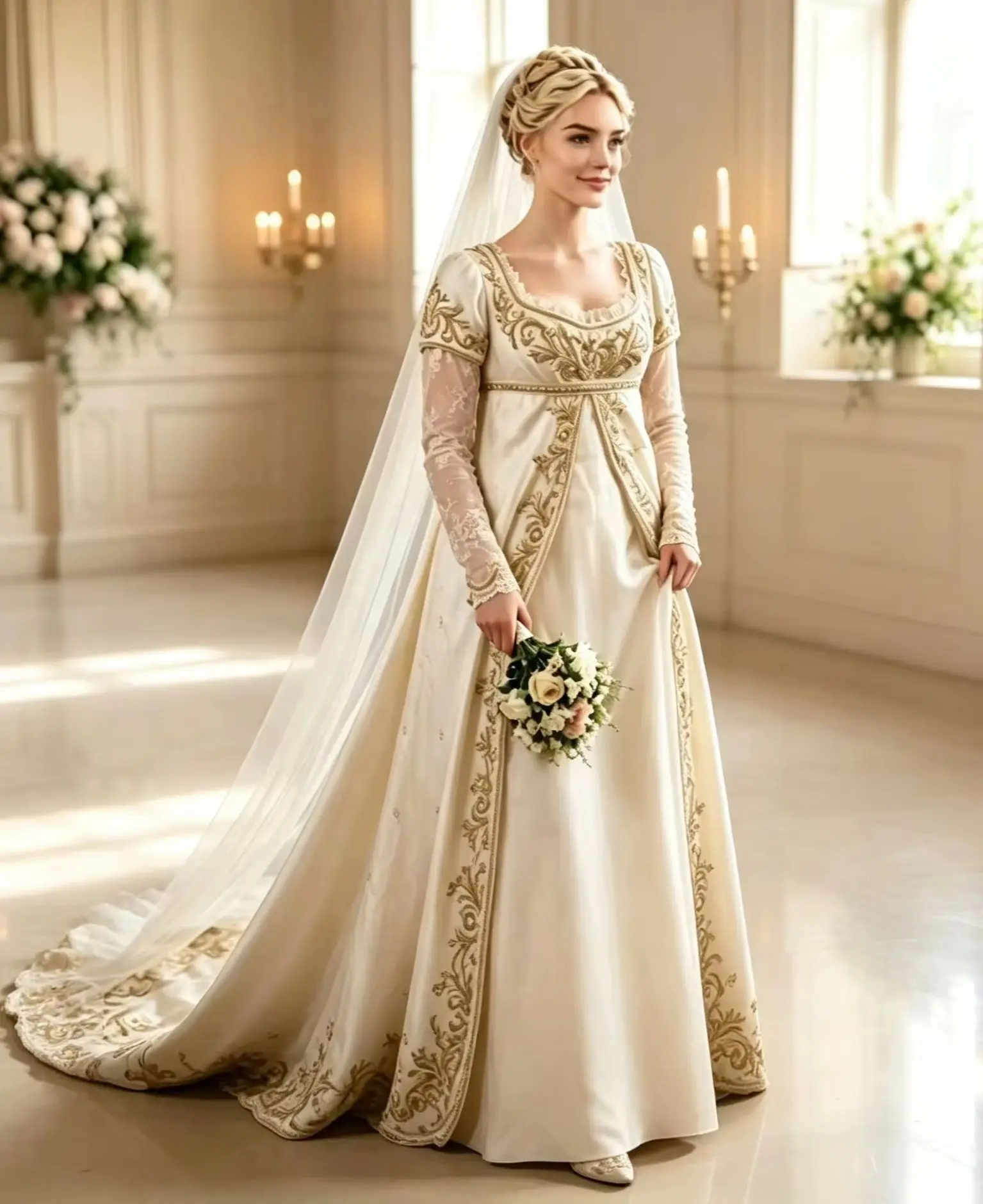 Vintage Victorian Wedding Dress Square Neck Long Sleeve Gold Appliques Champagne Satin Long Regency Bridal Gown Customized